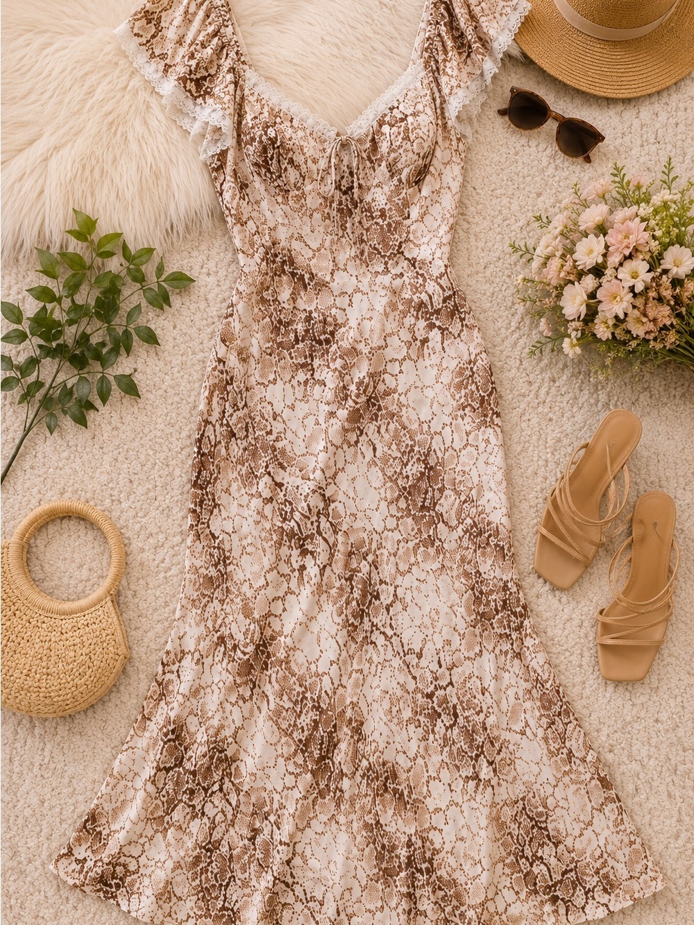 WAYF “Melissa” Lace-Trim Brown Python Maxi Dress | Size XS | NWT